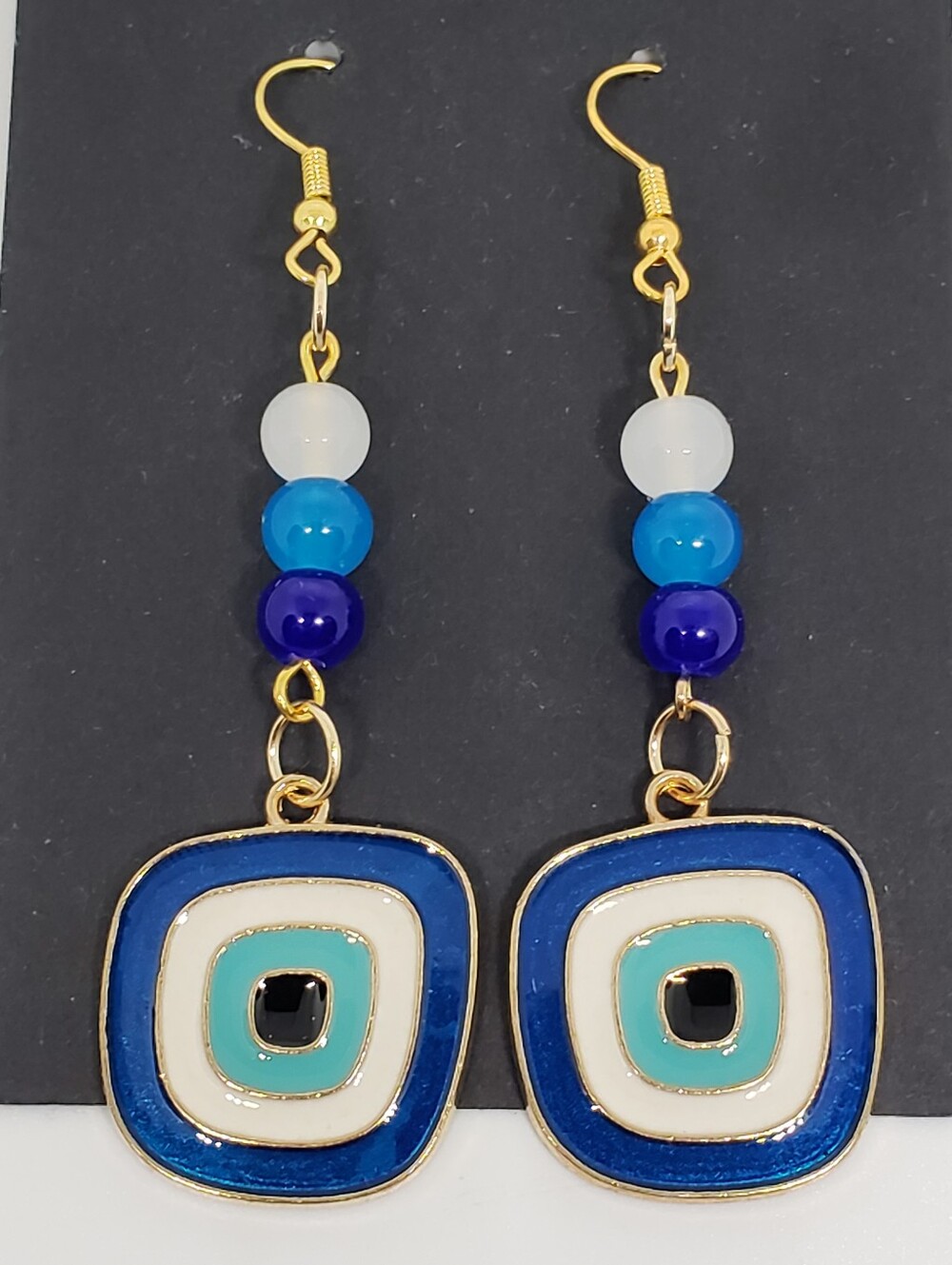 Handmade Metal Beaded Glass Blue Evil Eye Dangle Earrings